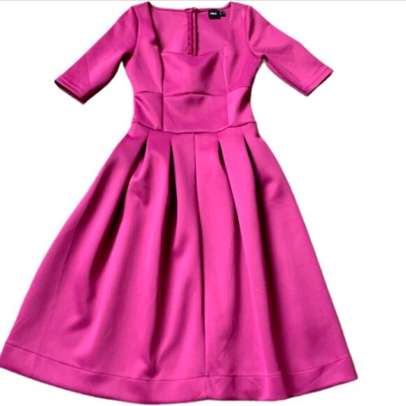 ASOS Retro Square Neck Fit & Flare Satiny Party Dress Sz 4 Fuchsia Pink 67A - Picture 2 of 9